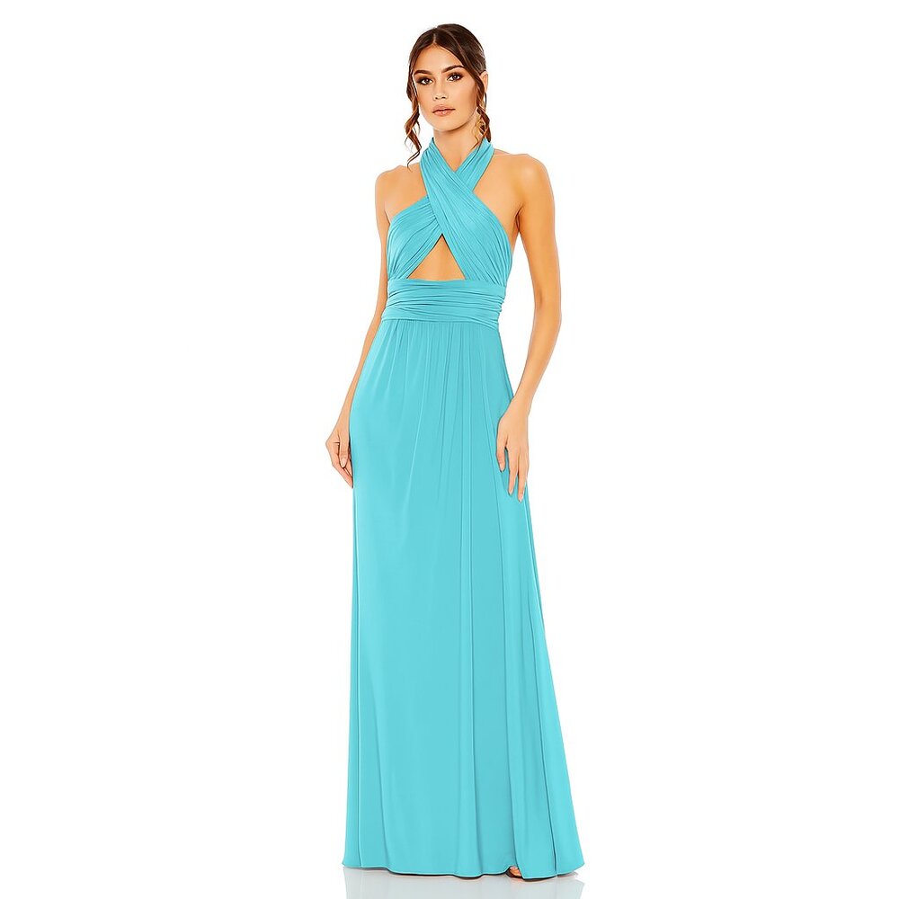 NWT Mac Duggal Cross Halter Neck Ruched Gown Aqua 2 #A0094